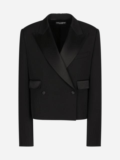 Short double-breasted wool gabardine tuxedo jacket
