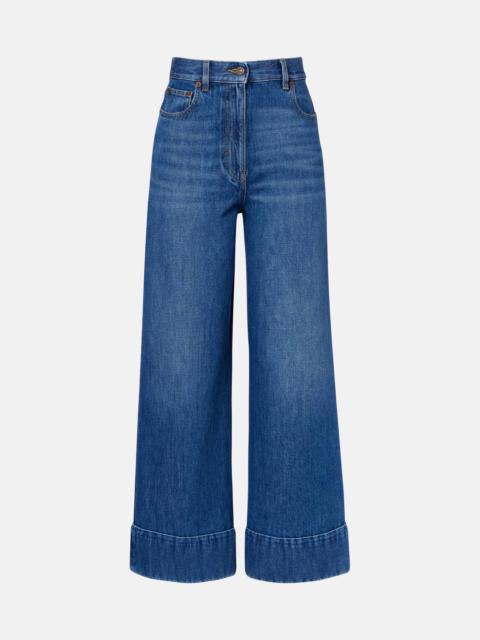 Leather-trimmed wide-leg jeans