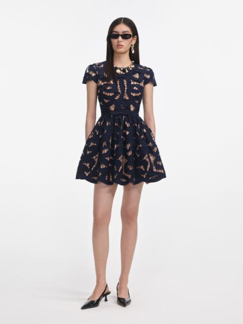 Navy Bow Embroidered Mini Dress