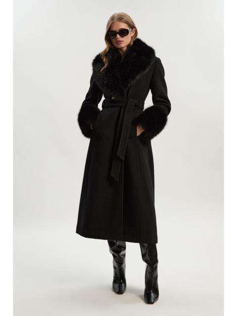 Tall Wool Blend Detachable Faux Fur Belted Midi Coat