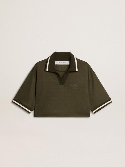 Women's cropped polo in military-green jersey with embroidery