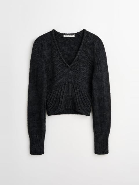 Sharp V-neck Rich Black Rustic Wool Silk