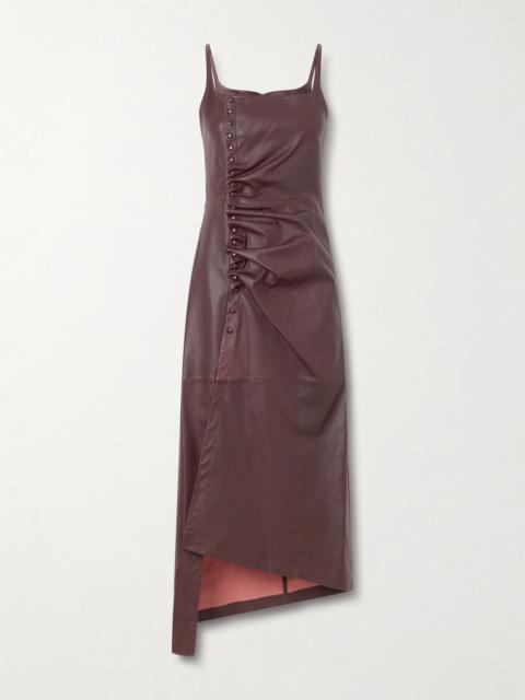 Asymmetric Ruched Leather Midi Dress