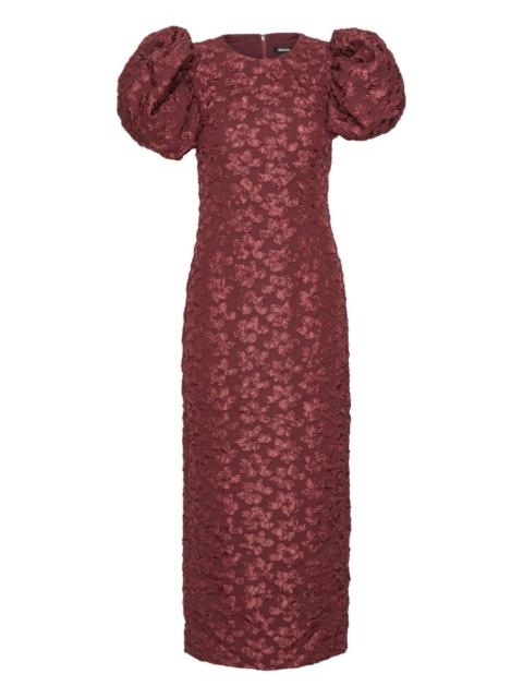 puff-sleeve jacquard midi dress