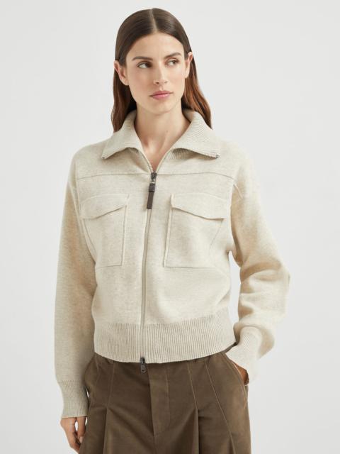 Cashmere double knit cardigan with shiny zipper pull