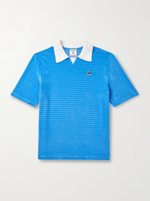 Logo-Appliquéd Bouclé-Trimmed Cotton-Blend Velour Polo Shirt Blue