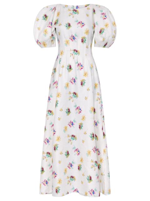 Ranya Puff Sleeve Mia's Flowers Maxi Dress in Ivory Multi Printed Linen Twill