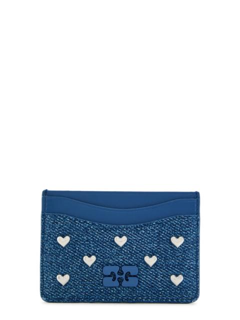 Ganni Embellished Leather and Denim Card Holder