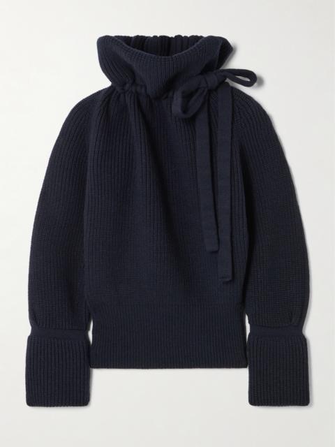 Tie-detailed Ribbed Wool Turtleneck Sweater