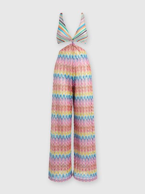 Cotton-blend patchwork jumpsuit with cut-out details