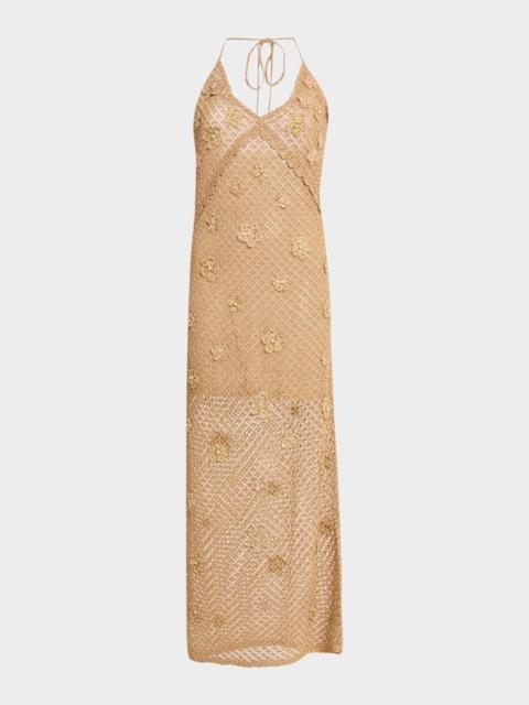 Vreya Metallic Crochet Halter Dress
