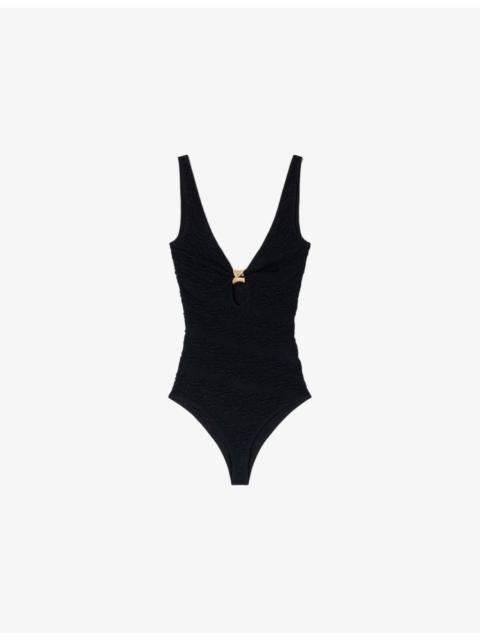 Hardware-Embellished V-Neck Stretch-Woven Body