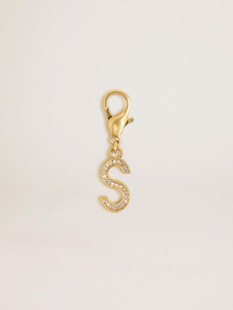 Letter S charm in gold-colored brass with crystals