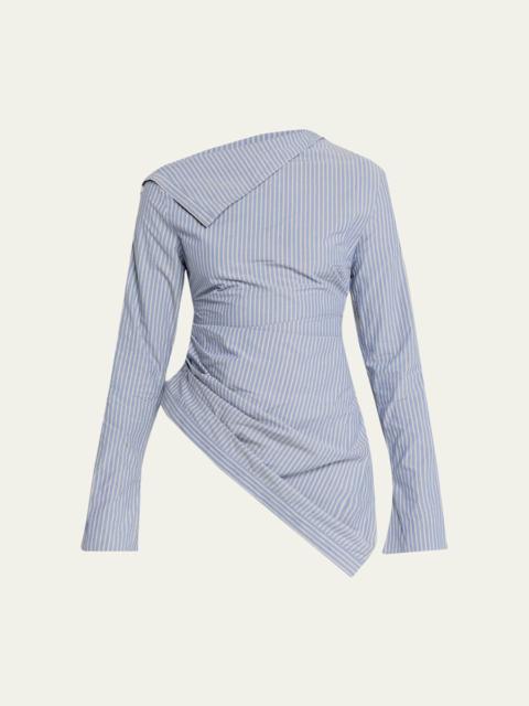 Asymmetric Pinstripe Button-Sleeve Blouse