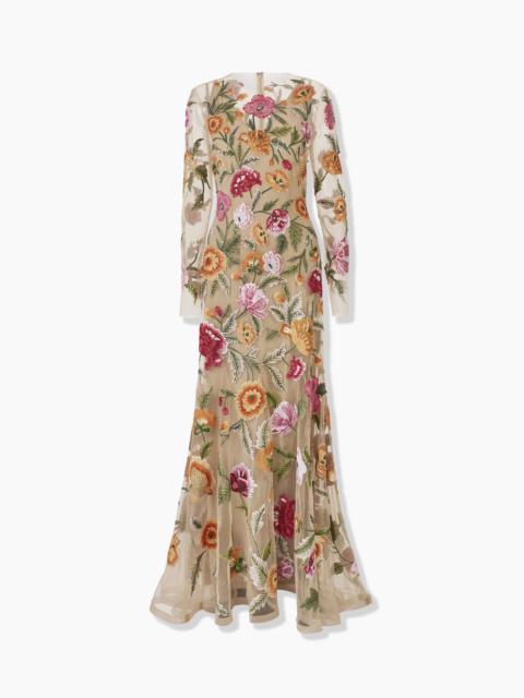 Floral-Embroidered Tulle Gown