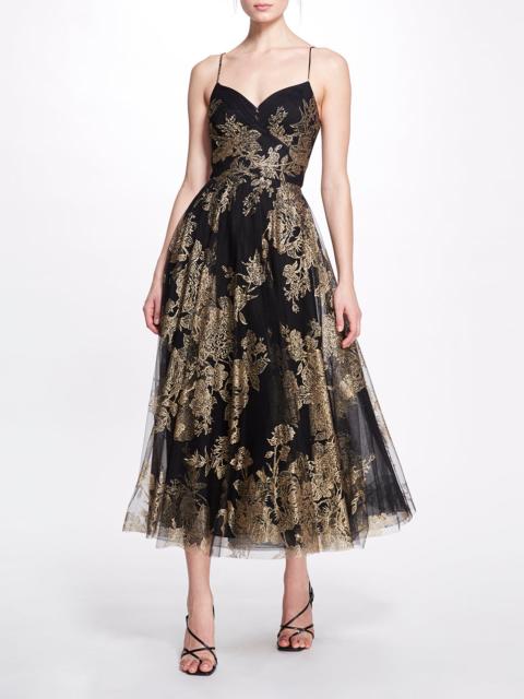 FLORAL GLITTER TULLE TEA-LENGTH GOWN