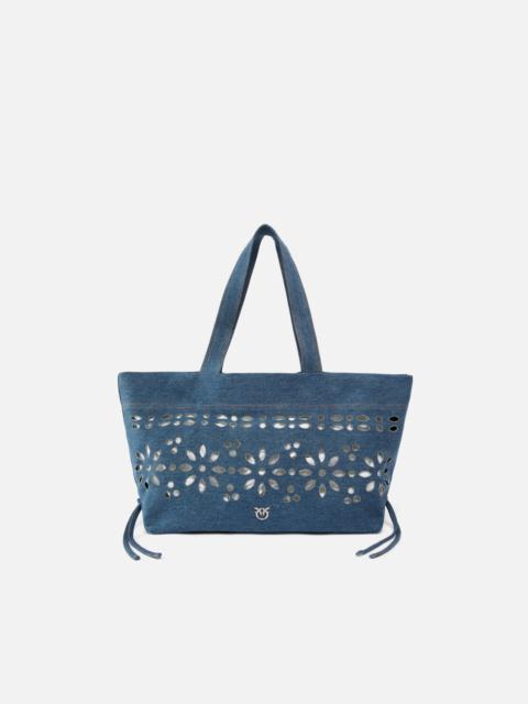 MEDIUM SHOPPER BAG IN DENIM WITH BRODERIE ANGLAISE