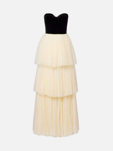 Plissé velvet-trimmed tulle gown