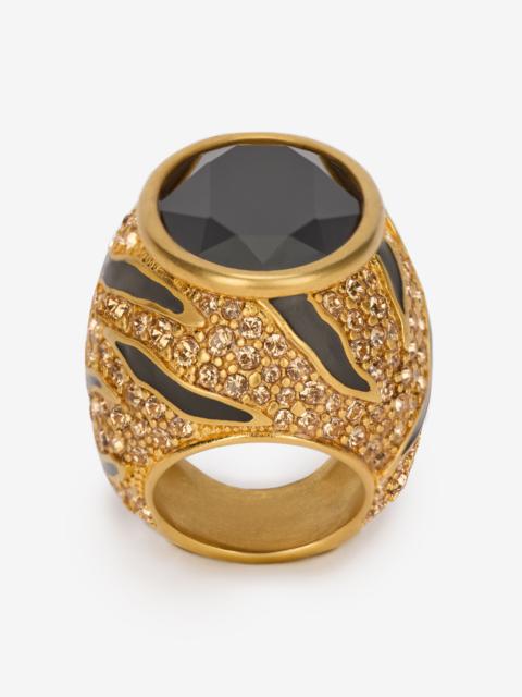 Cocktail Ring With Crystals And Tiger Skin Pattern