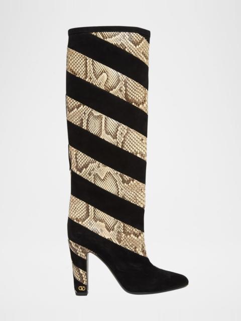 100mm Rayons Snake-Printed Leather and Suede Knee-High Boots