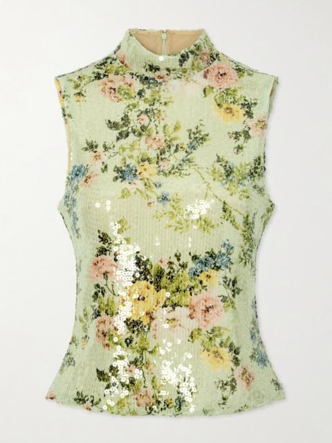 Piper Sequined Floral-print Mesh Turtleneck Top