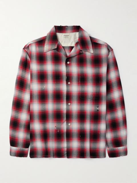 + LASTMAN Convertible-Collar Distressed Paint-Splattered Checked Oxford Shirt Red