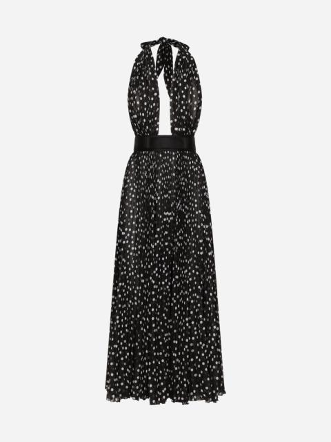 Chiffon calf-length dress with plunging neckline and polka-dot print