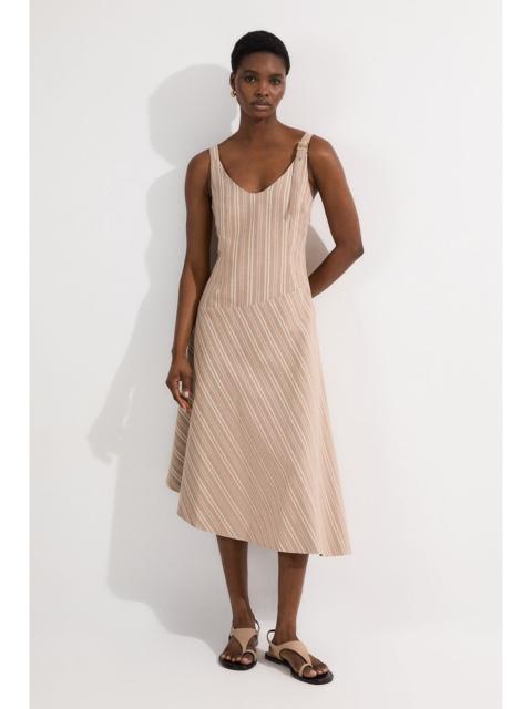 Tailored Stripe Linen  Strappy Asymmetric Hem Midi Dress