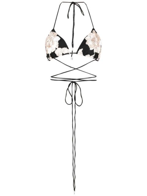 floral-embroidered halterneck bra top