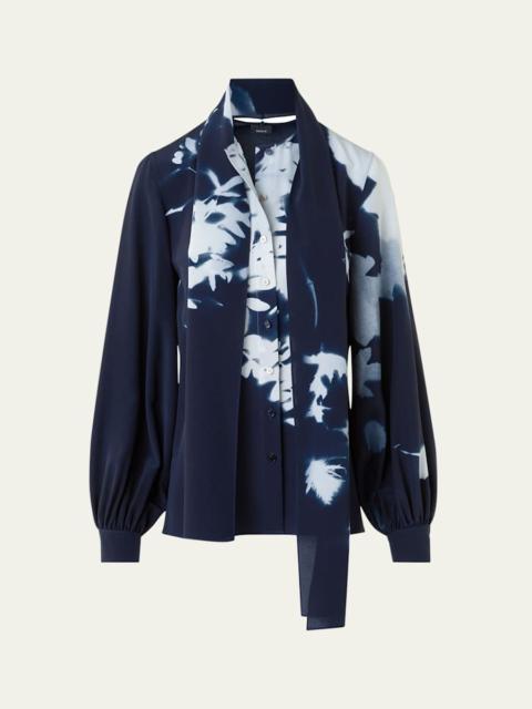 Wildflower-Print Silk Crepe Scarf Blouse