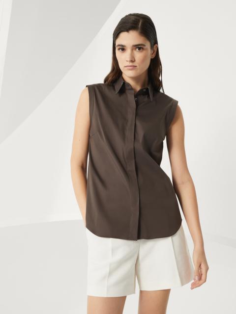 Stretch cotton poplin sleeveless shirt with shiny trim