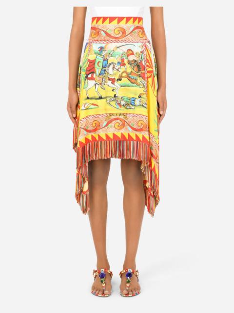 Short Carretto-print twill skirt with fringing