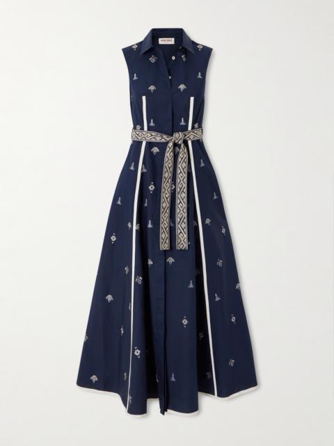 Belted Embroidered Cotton-poplin Midi Dress