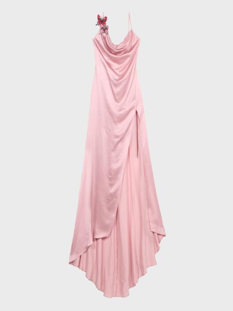 LONG SATIN DRESS WITH BUTTERFLY AND SLIT