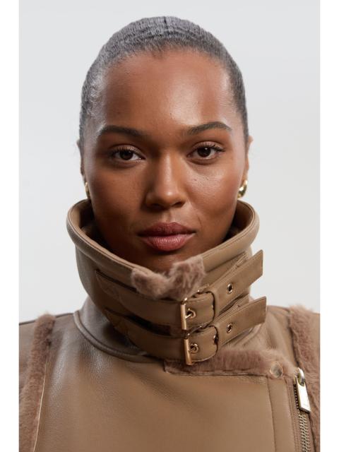 Plus Size Faux Fur Buckle Detail Belted Biker Midi Coat