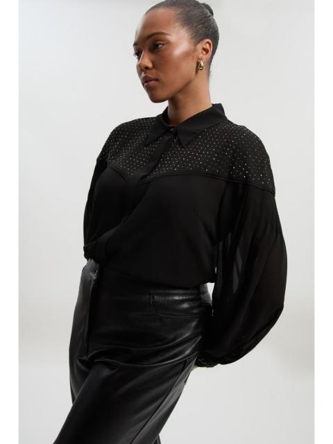 Plus Size Hotfix Studded Long Sleeve Woven Shirt