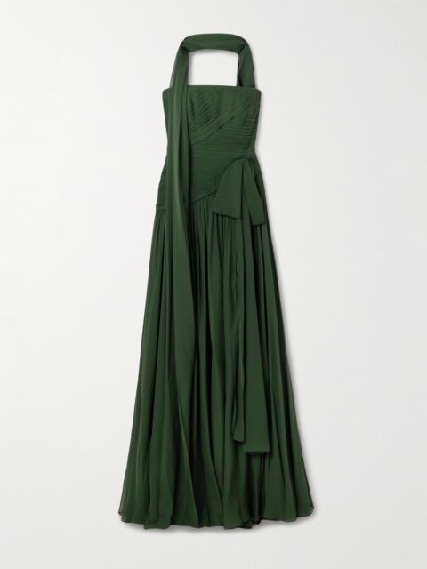 Scarf-detailed Pintucked Silk Crepe De Chine Gown