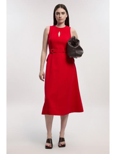 Compact Stretch Belted Seamed Full Skirted Midi Dress