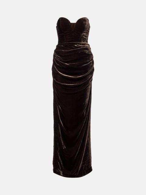 Draped velvet bustier gown