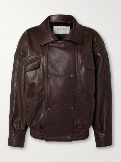 Oversized double-breasted paneled leather jacket Brown