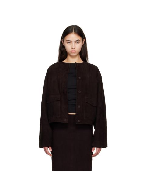 Brown Suede Utility Cocoon Bomber Jacket