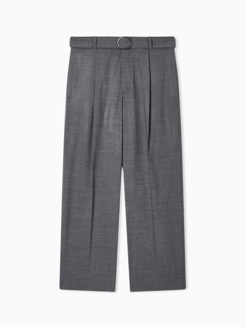 TROUSERS WITH PLEATS AND BELT IN STRETCH WOOL CANVAS
