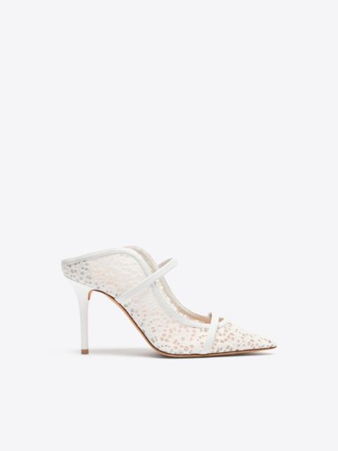 Maureen 85 White Broderie Mesh Heeled Mules