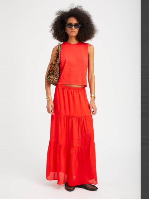 RED SILK TIERED MAXI SKIRT