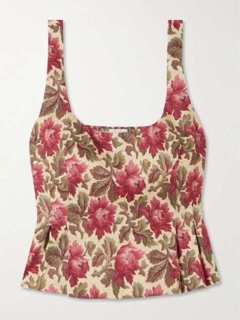 Rosalie shirred floral-print linen peplum top Red