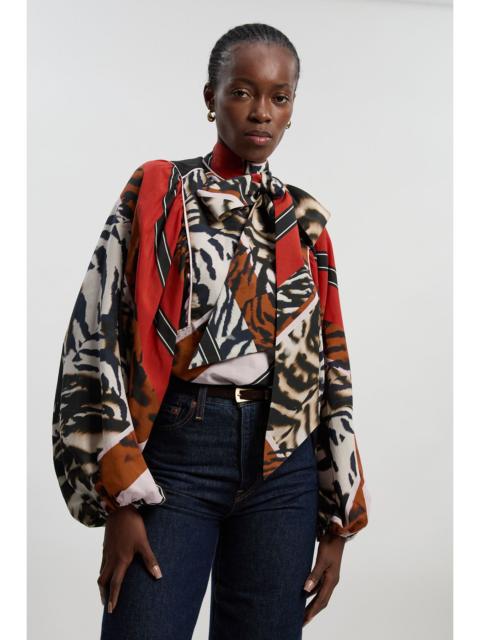 Animal Print Fluid Tencel Woven Tie Neck Blouse