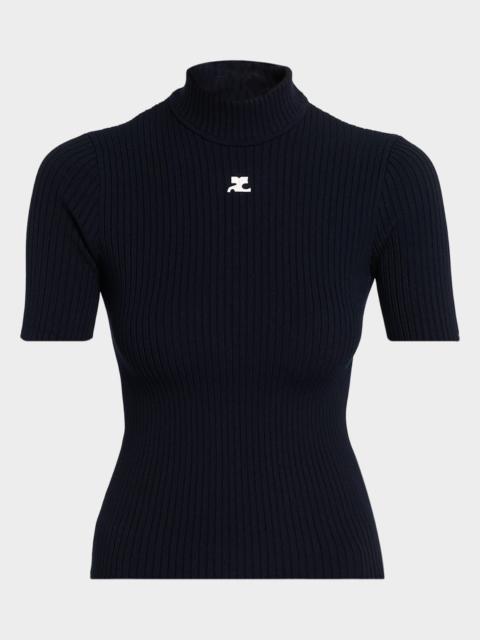 Mock-Neck Short-Sleeve Rib Pullover