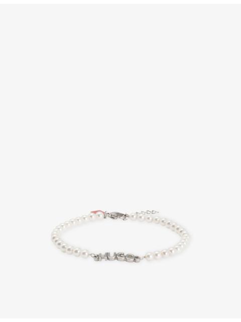 Logo-Plaque Stainless-Steel And Pearl Bracelet