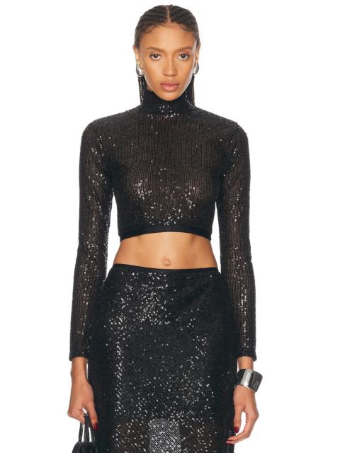 Sequin Cropped Long Sleeve Mock Neck Top
