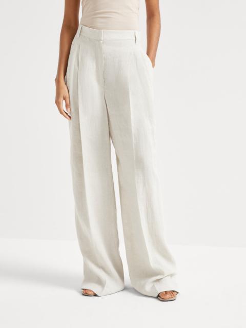 Linen sparkling canvas wide trousers with monili